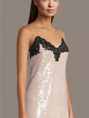 Sequin Mesh Slip Dress with Lace Trim